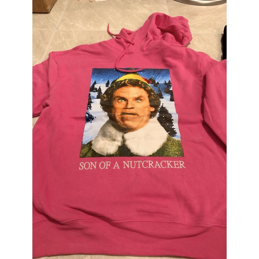 Elf Hoodie Women M Son of a Nutcracker Pink Christmas Graphic Sweatshirt Xmas